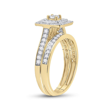 10k Yellow Gold Round Diamond Halo Bridal Wedding Ring Set 1/2 Cttw
