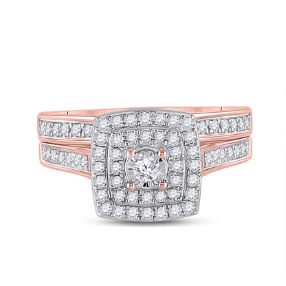10k Rose Gold Round Diamond Halo Bridal Wedding Ring Set 1/2 Cttw