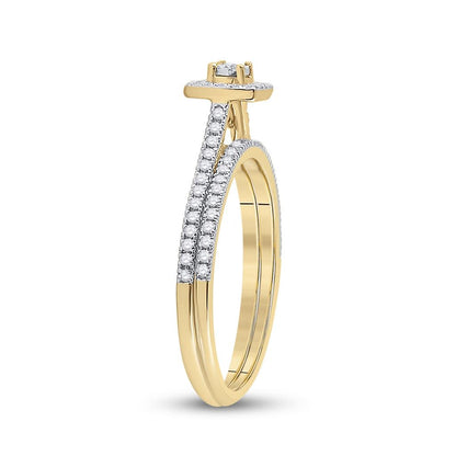 10k Yellow Gold Round Diamond Halo Bridal Wedding Ring Set 1/4 Cttw