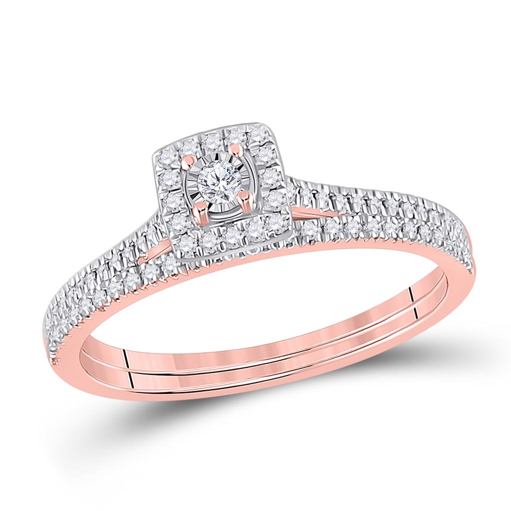 10k Rose Gold Round Diamond Halo Bridal Wedding Ring Set 1/4 Cttw