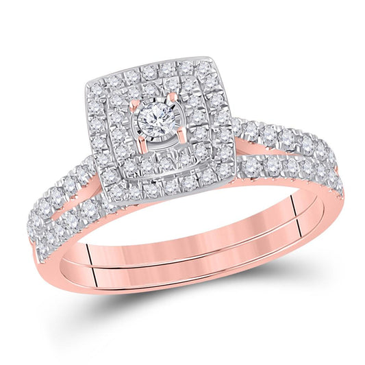 10k Rose Gold Round Diamond Halo Bridal Wedding Ring Set 1/2 Cttw