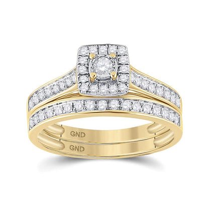 10k Yellow Gold Round Diamond Halo Bridal Wedding Ring Set 1/2 Cttw