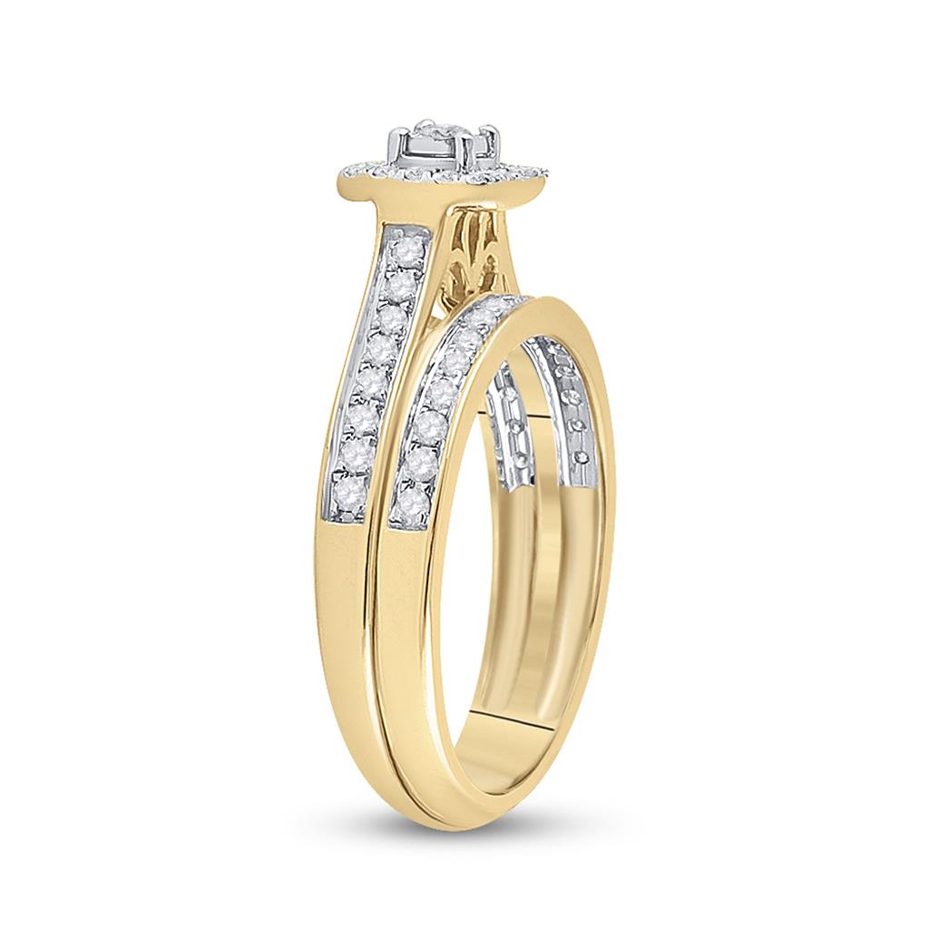 10k Yellow Gold Round Diamond Halo Bridal Wedding Ring Set 1/2 Cttw