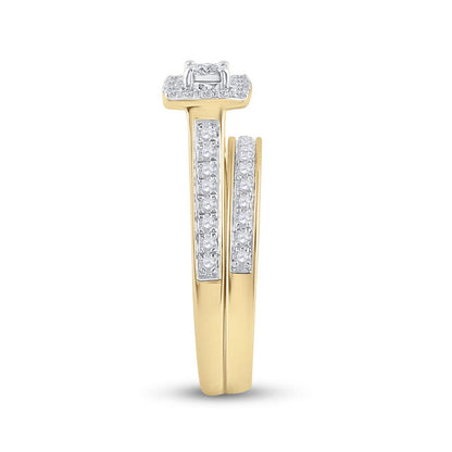 10k Yellow Gold Round Diamond Halo Bridal Wedding Ring Set 1/2 Cttw