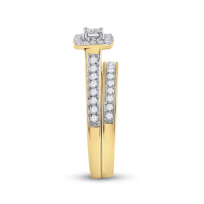 10k Yellow Gold Round Diamond Halo Bridal Wedding Ring Set 1/2 Cttw