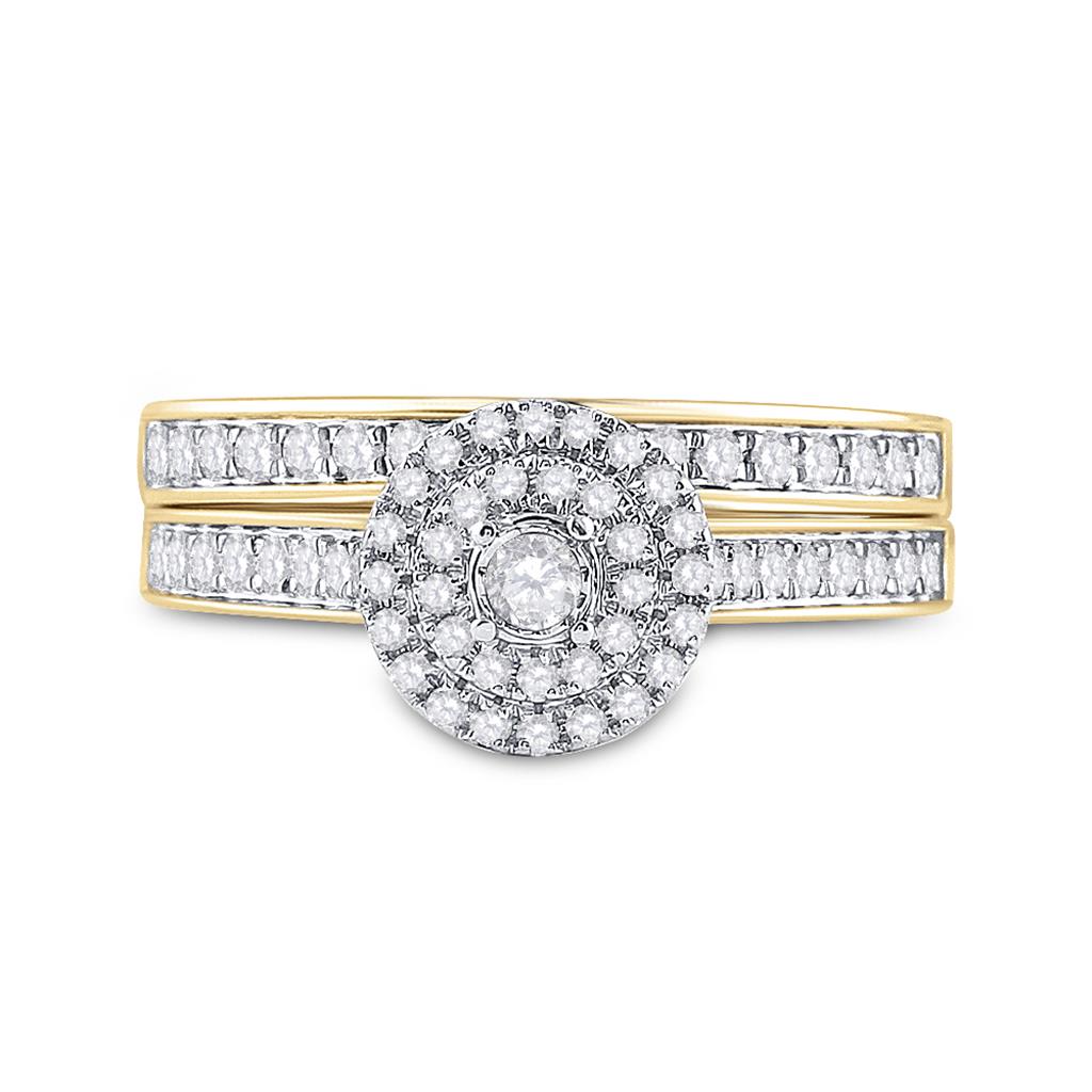 10k Yellow Gold Round Diamond Halo Bridal Wedding Ring Set 1/2 Cttw