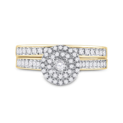 10k Yellow Gold Round Diamond Halo Bridal Wedding Ring Set 1/2 Cttw