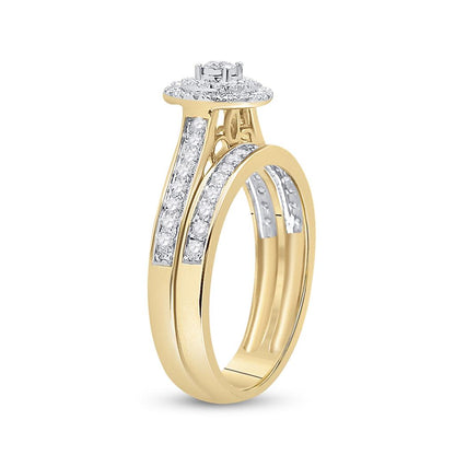 10k Yellow Gold Round Diamond Halo Bridal Wedding Ring Set 1/2 Cttw