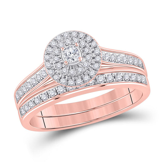 10k Rose Gold Round Diamond Halo Bridal Wedding Ring Set 1/2 Cttw