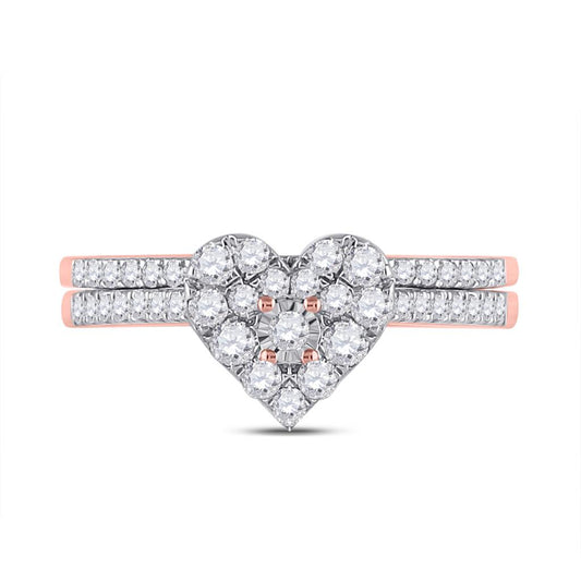 10k Rose Gold Round Diamond Heart Bridal Wedding Ring Set 1/2 Cttw