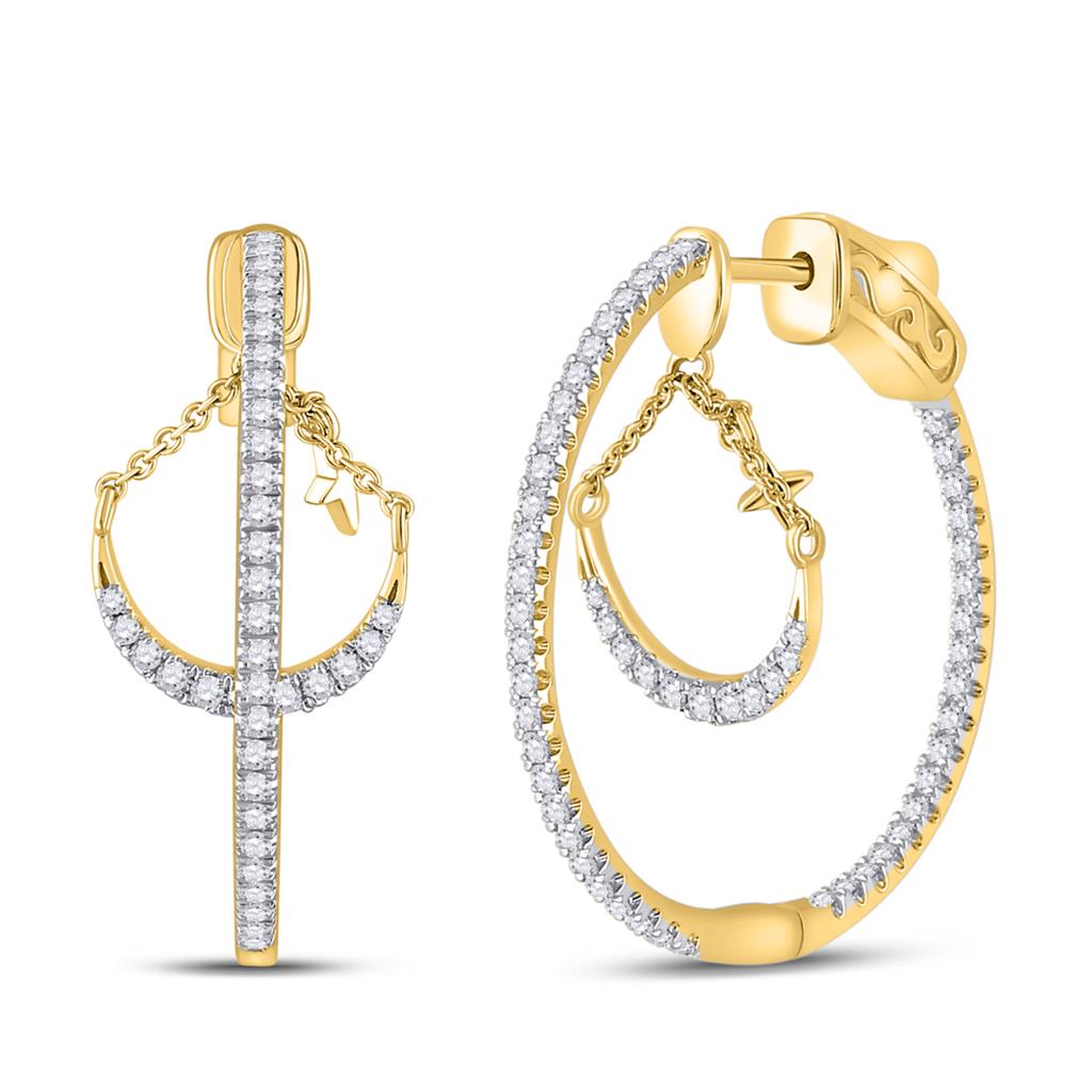 14k Yellow Gold Round Diamond Dangle Hoop Earrings 1 Cttw