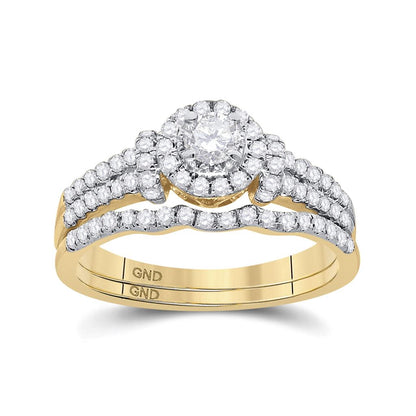 14k Yellow Gold Round Diamond Halo Bridal Wedding Ring Set 5/8 Cttw