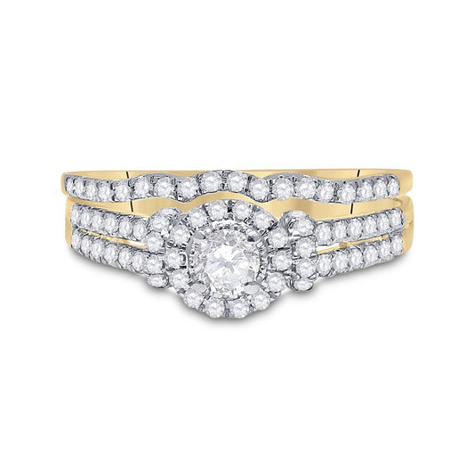 14k Yellow Gold Round Diamond Halo Bridal Wedding Ring Set 5/8 Cttw