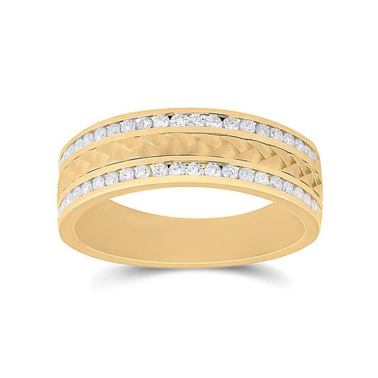 14k Yellow Gold Round Diamond Wedding Hammered Band Ring 3/4 Cttw