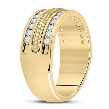 14k Yellow Gold Round Diamond Wedding Hammered Band Ring 3/4 Cttw
