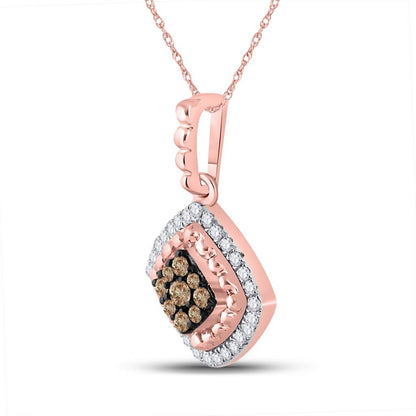 10k Rose Gold Round Brown Diamond Offset Square Pendant 1/4 Cttw