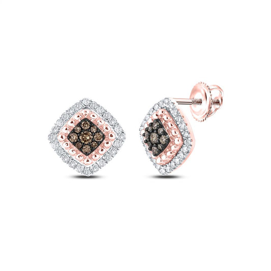 10k Rose Gold Round Brown Diamond Square Earrings 1/3 Cttw