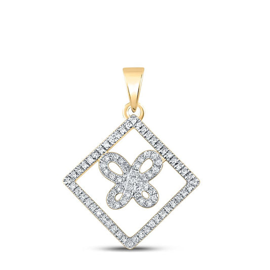 10k Yellow Gold Round Diamond Square Butterfly Pendant 1/4 Cttw