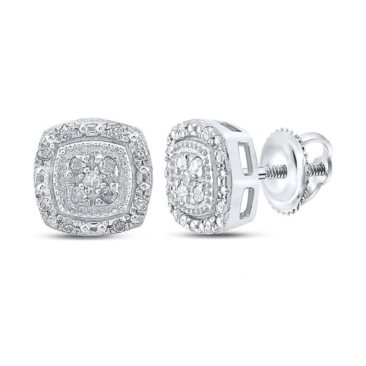 14k White Gold Round Diamond Cluster Earrings 1/10 Cttw
