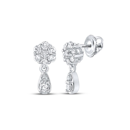 14k White Gold Round Diamond Cluster Dangle Earrings 1/4 Cttw