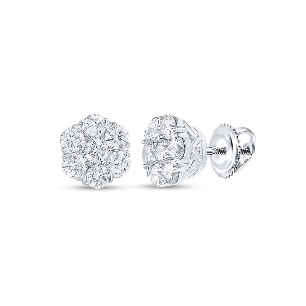 14k White Gold Round Diamond Flower Cluster Earrings 1 Cttw