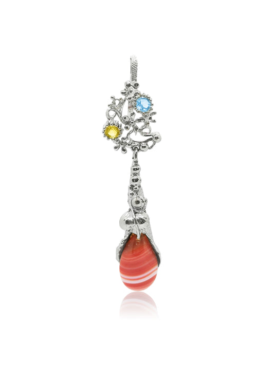 Hand Made Blue Topaz Citrine and Red Agate Pendant in 925 Sterling Silver