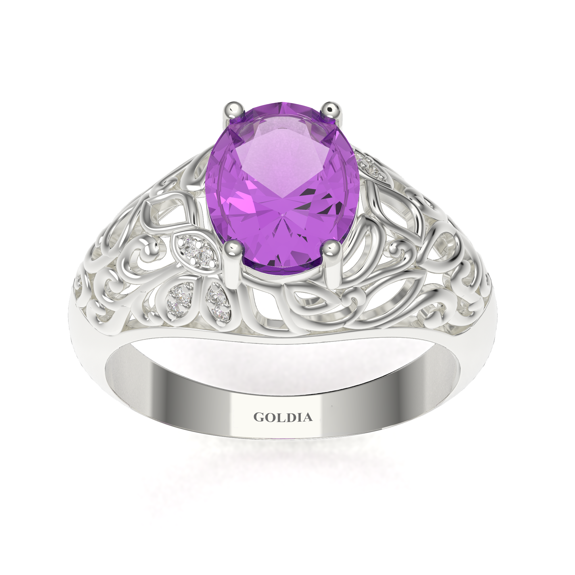 Natural 10x8mm Oval Amethyst & Diamond Ring in Rhodium-plated Sterling Silver