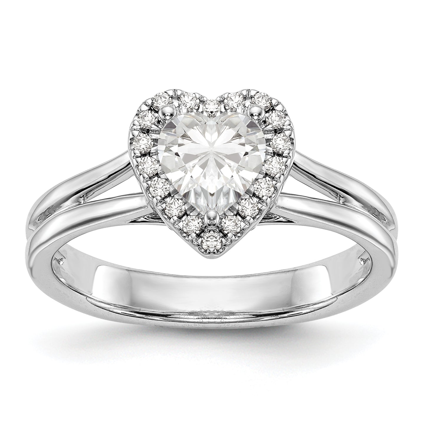 14kw Heart Halo Simulated Diamond Split Shank Engagement Ring