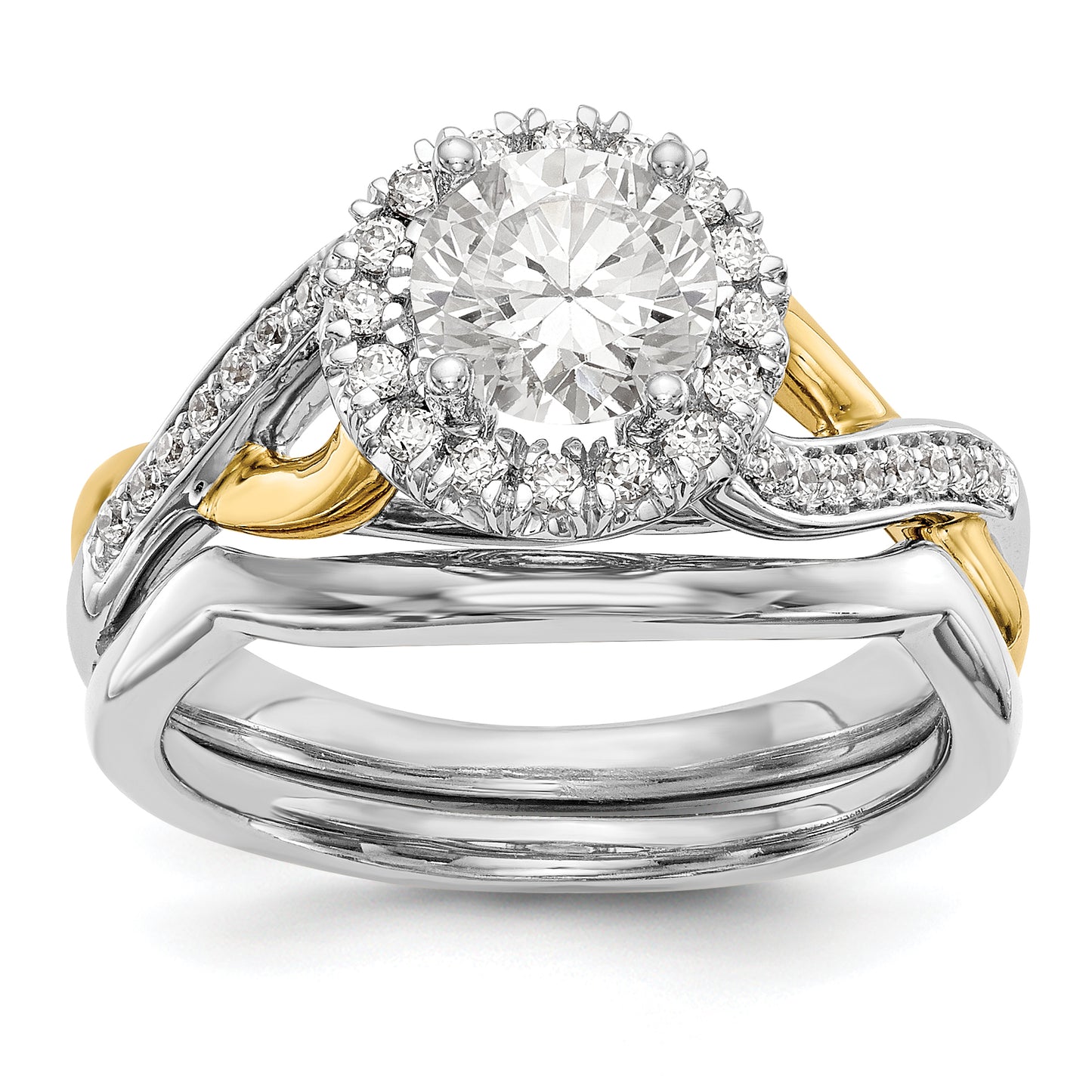14K Yellow and White Gold Round Simulated Diamond Halo Engagement Ring