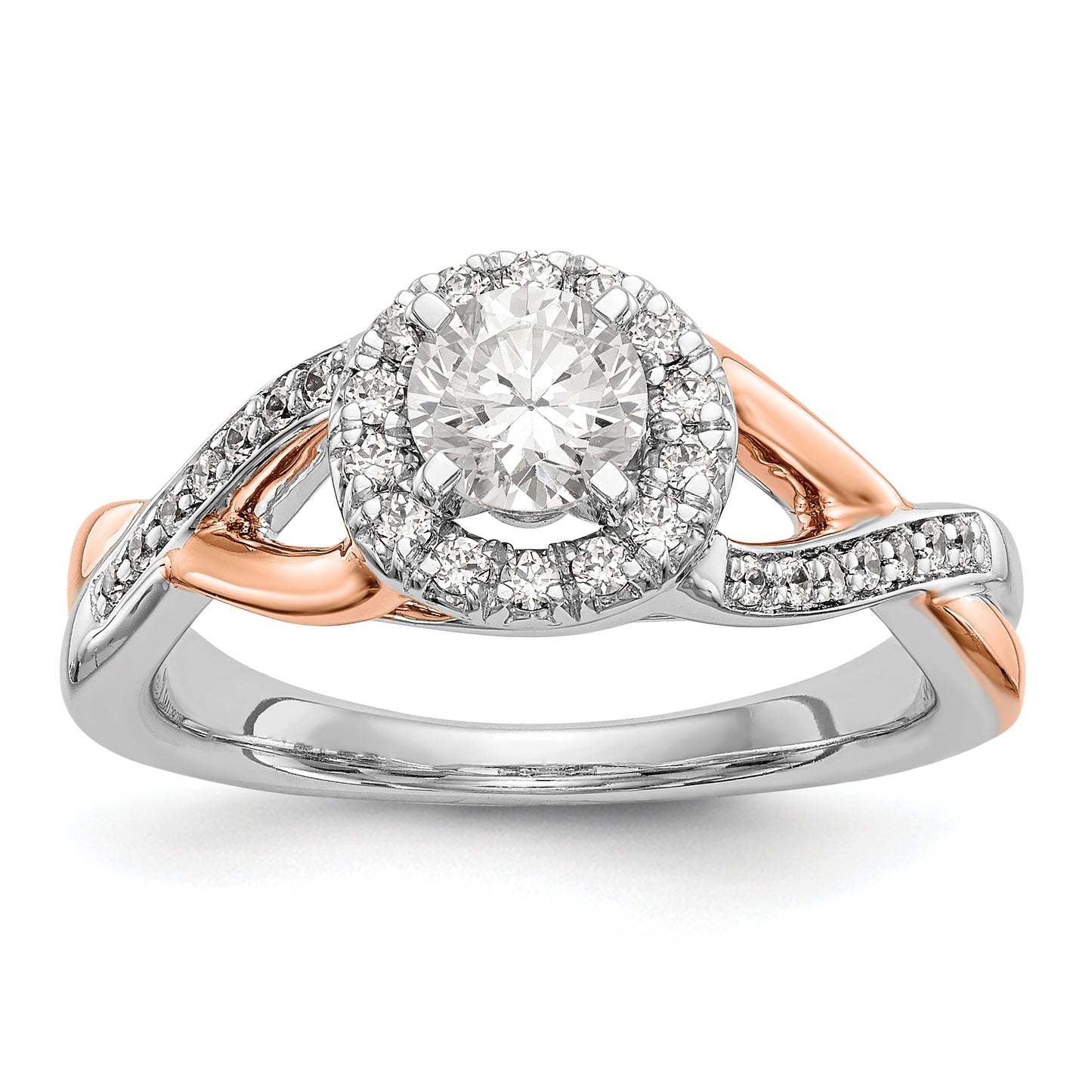 14K Rose and White Gold Round Simulated Diamond Halo Engagement Ring