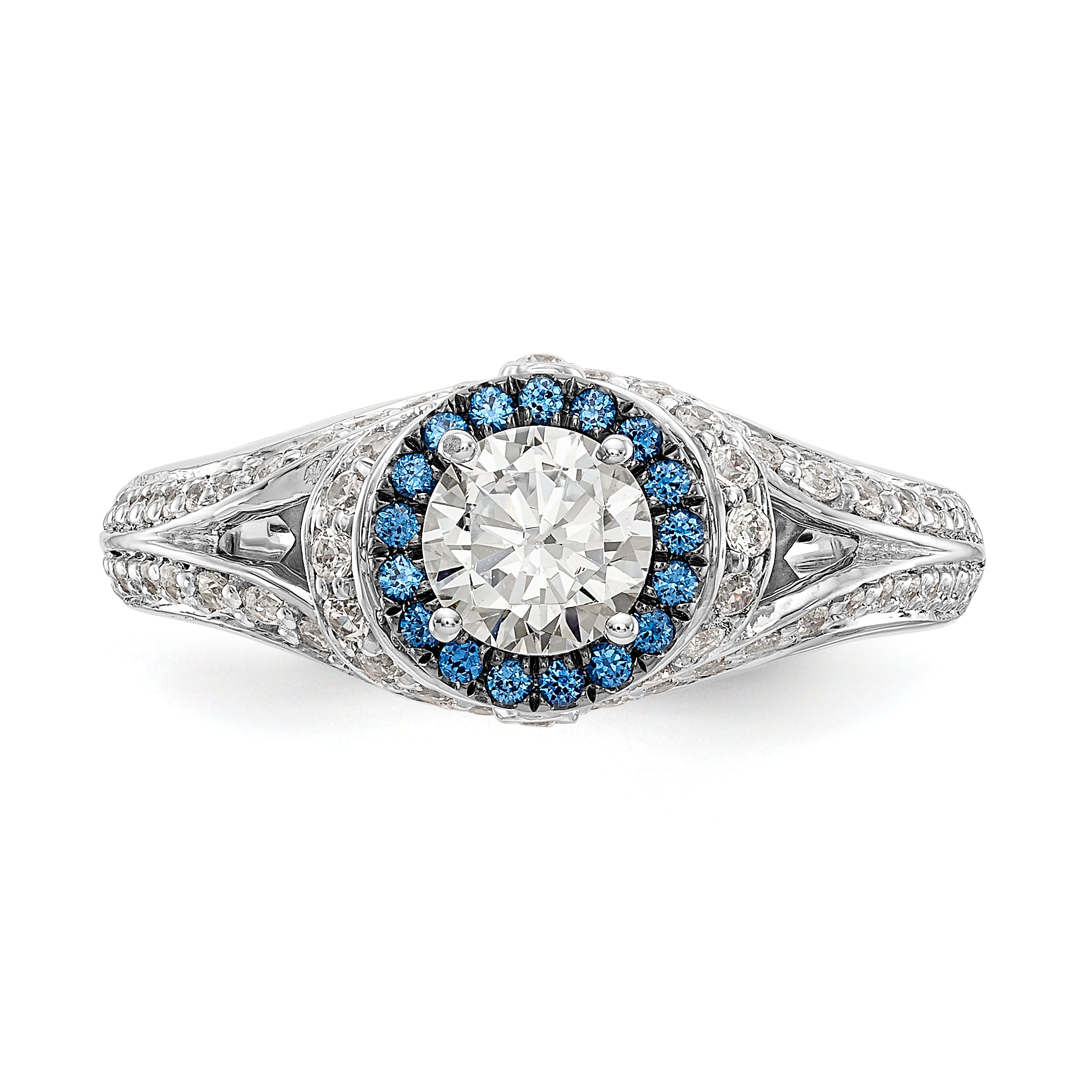 14KW Round Blue and White Simulated Diamond Halo Engagement Ring