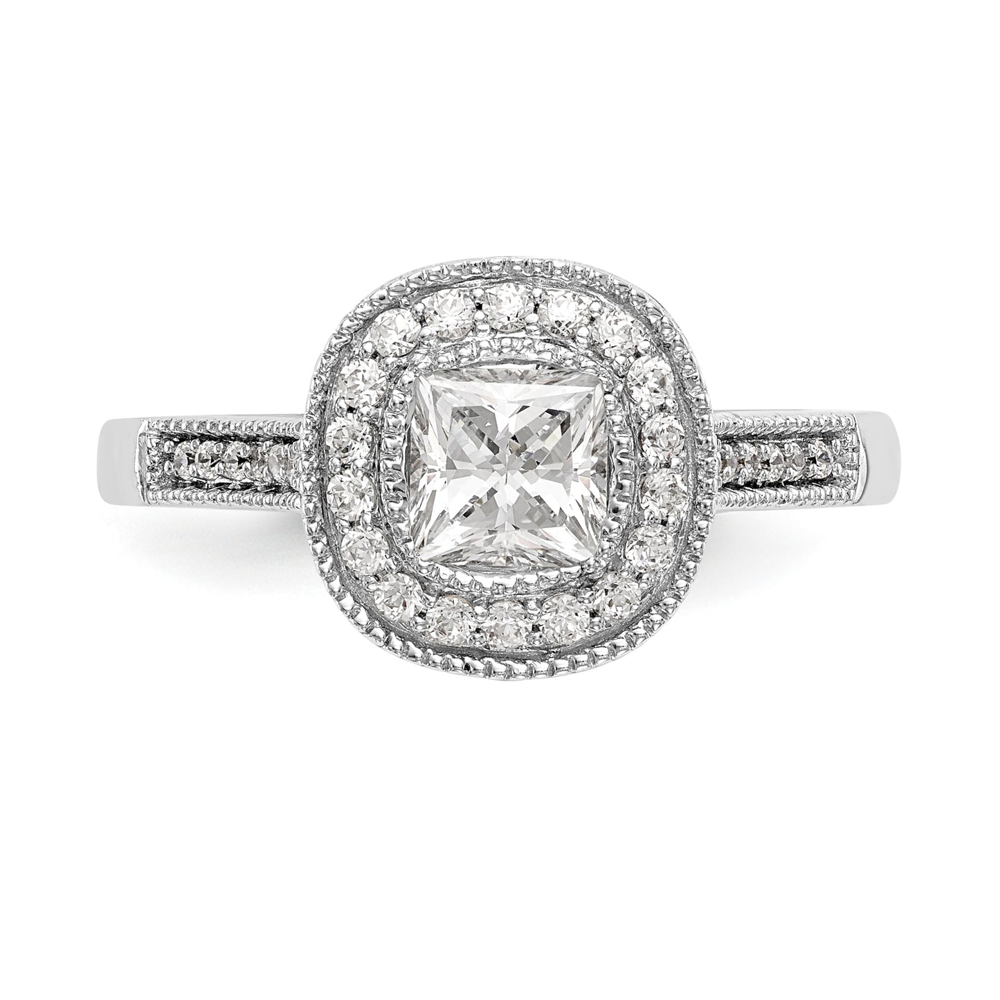 14K White Gold Cushion Bezel Simulated Diamond Halo Engagement Ring
