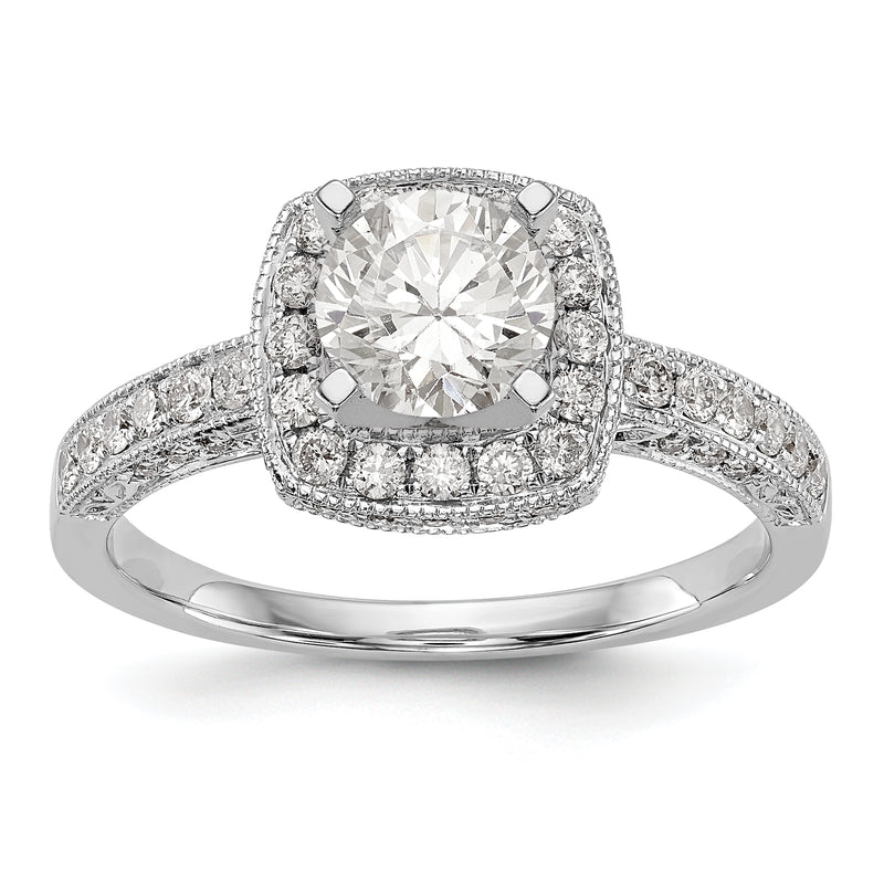 14K White Gold Peg Set Simulated Diamond Cushion Halo Engagement Ring