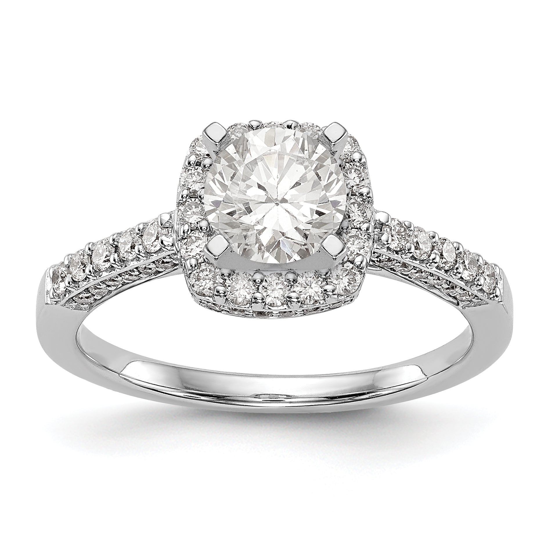 14K White Gold Peg Set Simulated Diamond Cushion Halo Engagement Ring