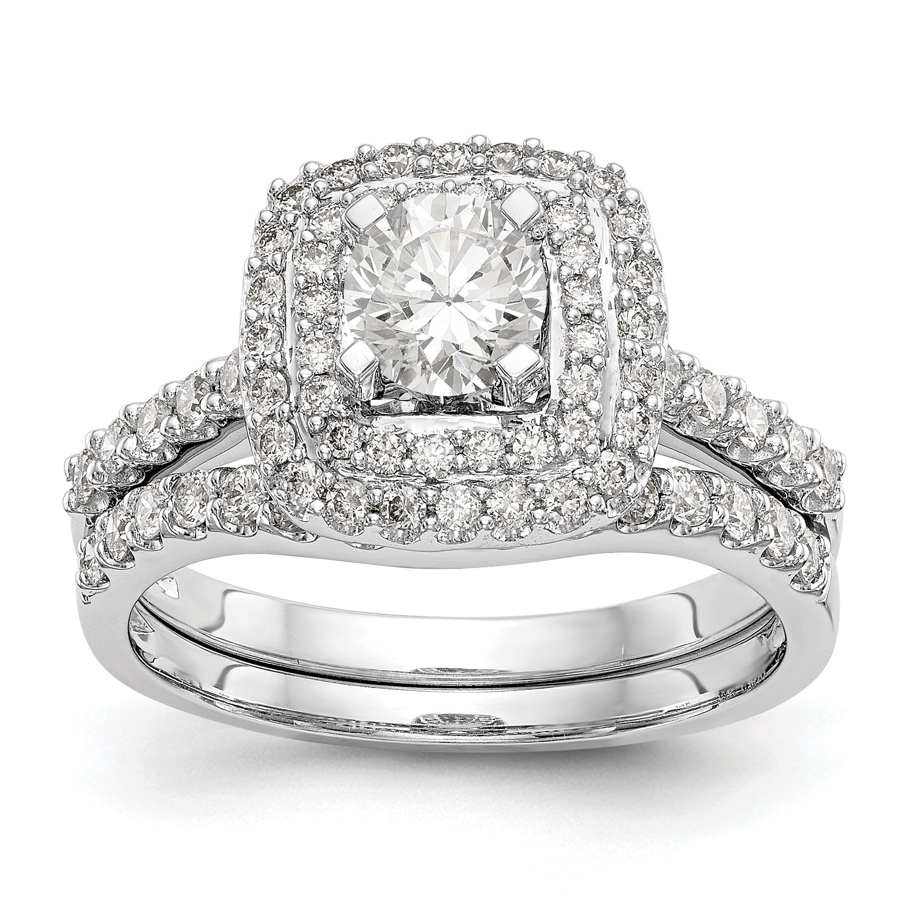 14K White Gold Simulated Diamond Double Cushion HaloEngagement Ring
