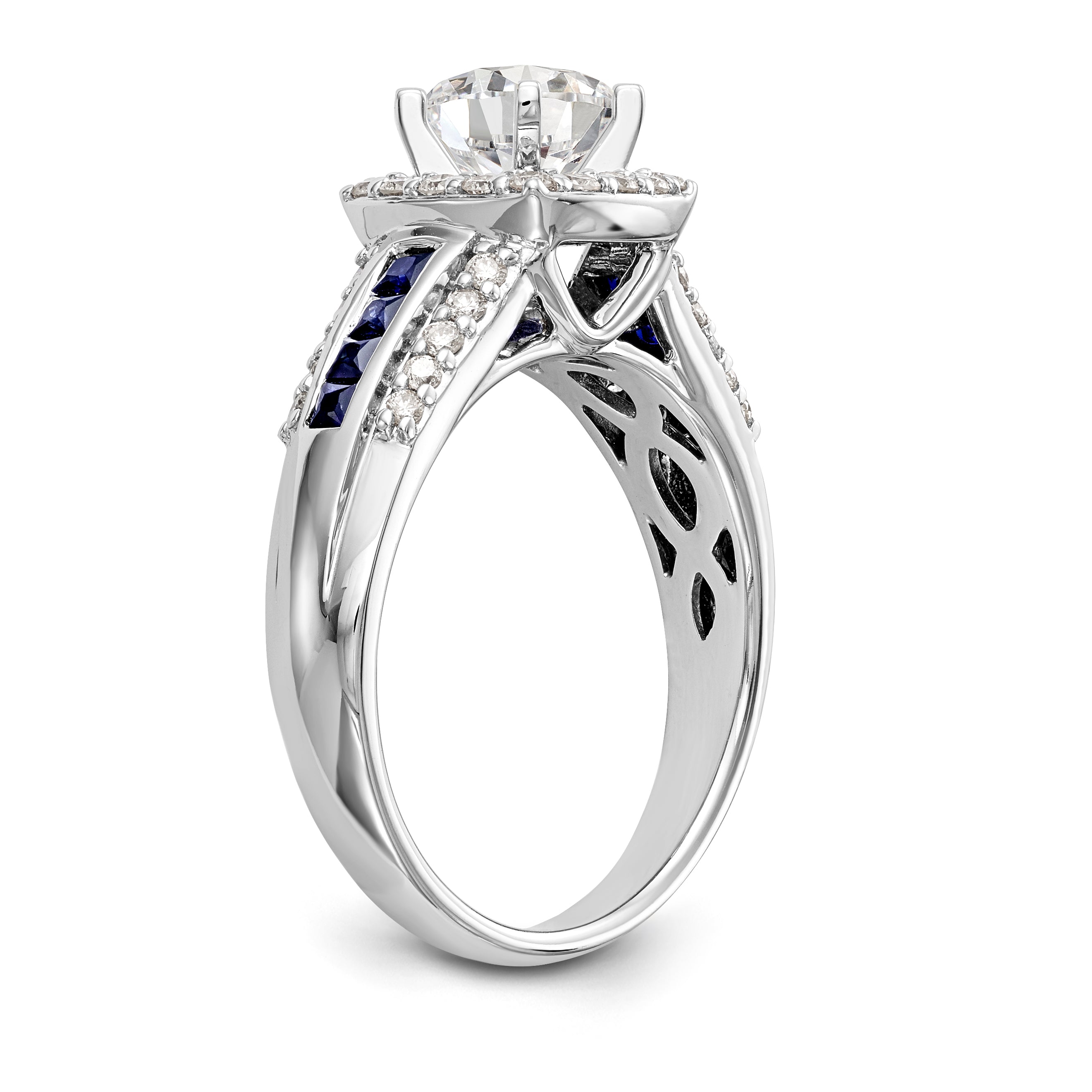14kw Peg Set Diamond and Sapphire CZ Cushion Halo Engagement Ring