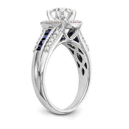 14kw Peg Set Diamond and Sapphire CZ Cushion Halo Engagement Ring