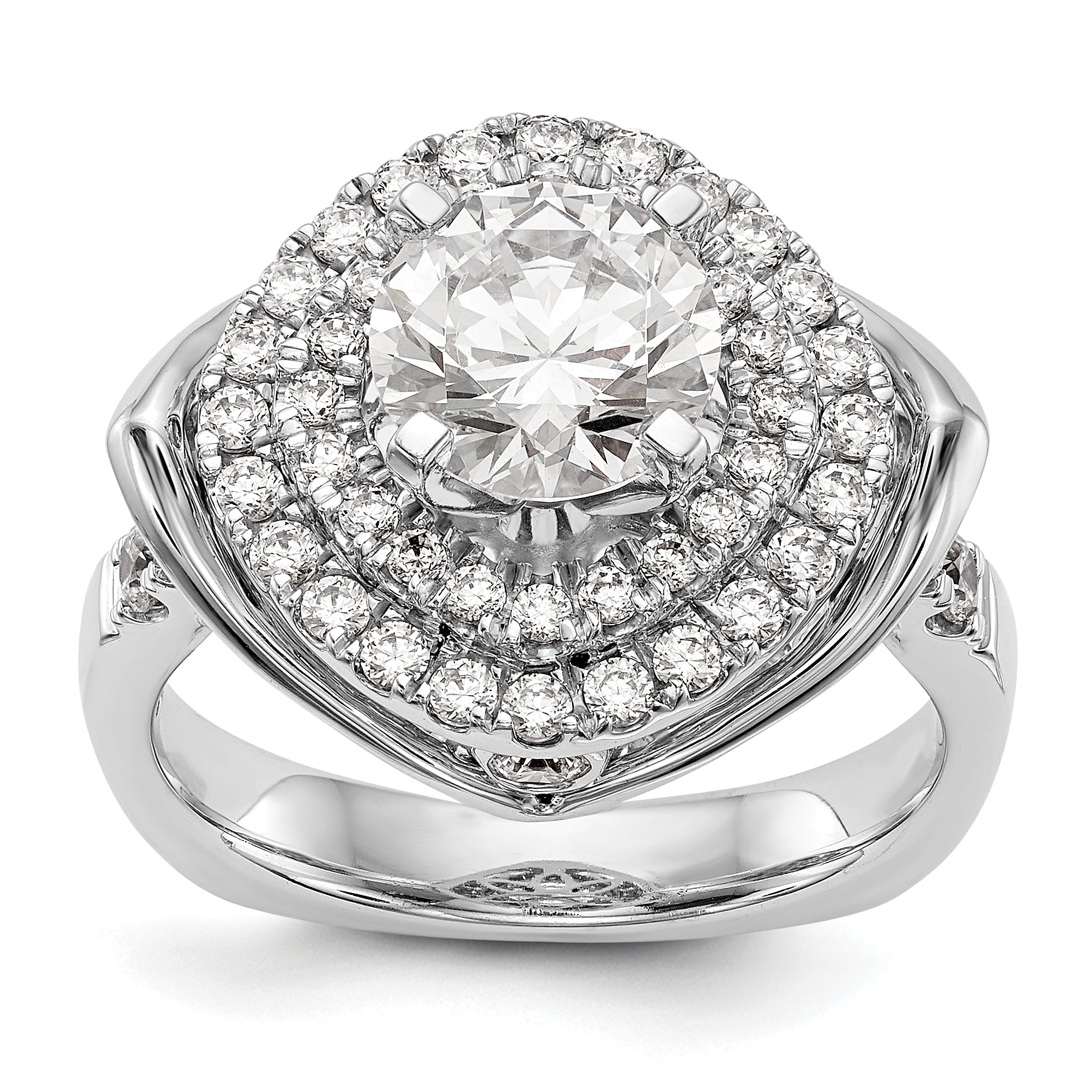 14kw Peg Set Simulated Diamond Fancy Double Halo Engagement Ring