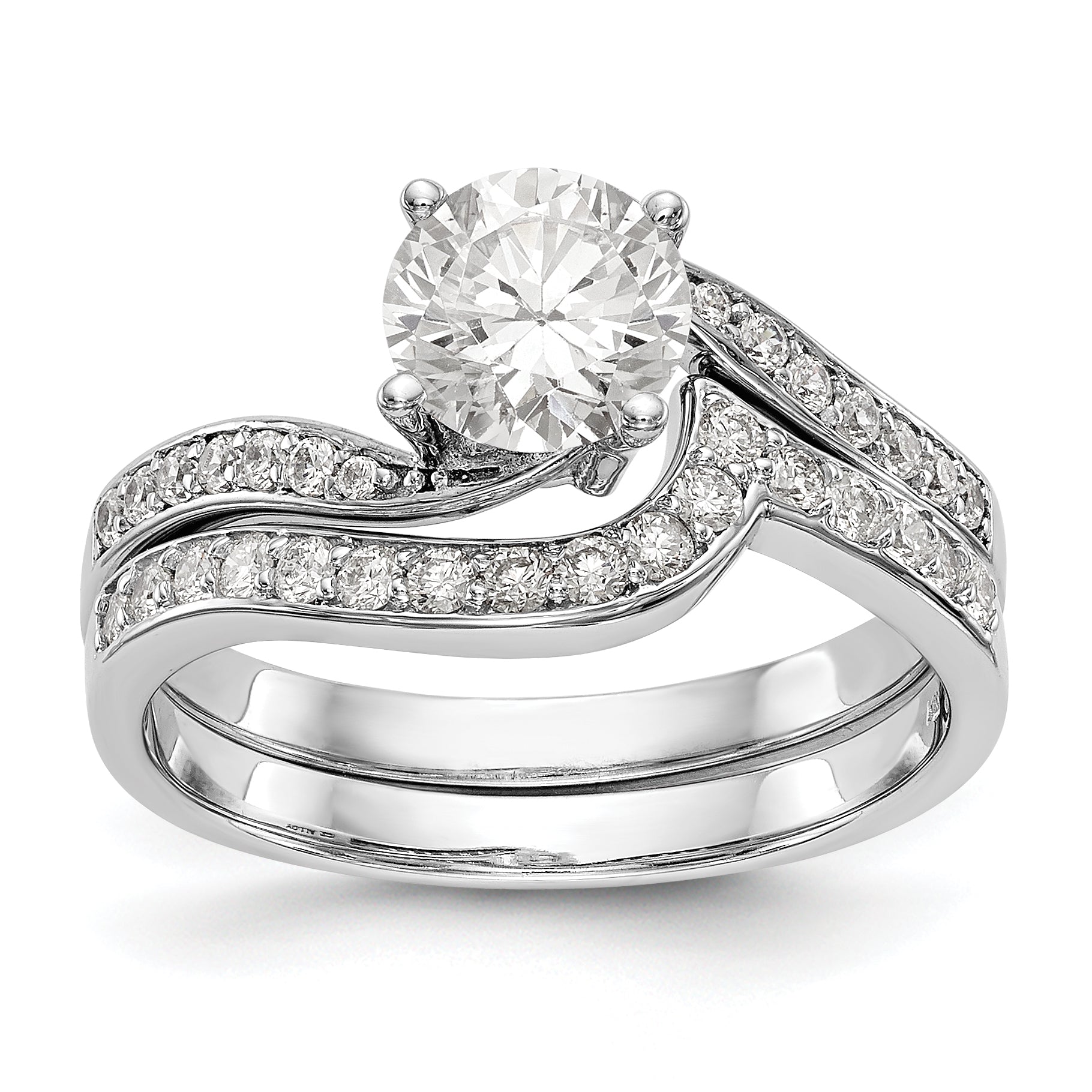 14k White Gold Diamond Round CZ By Pass Engagement Ring
