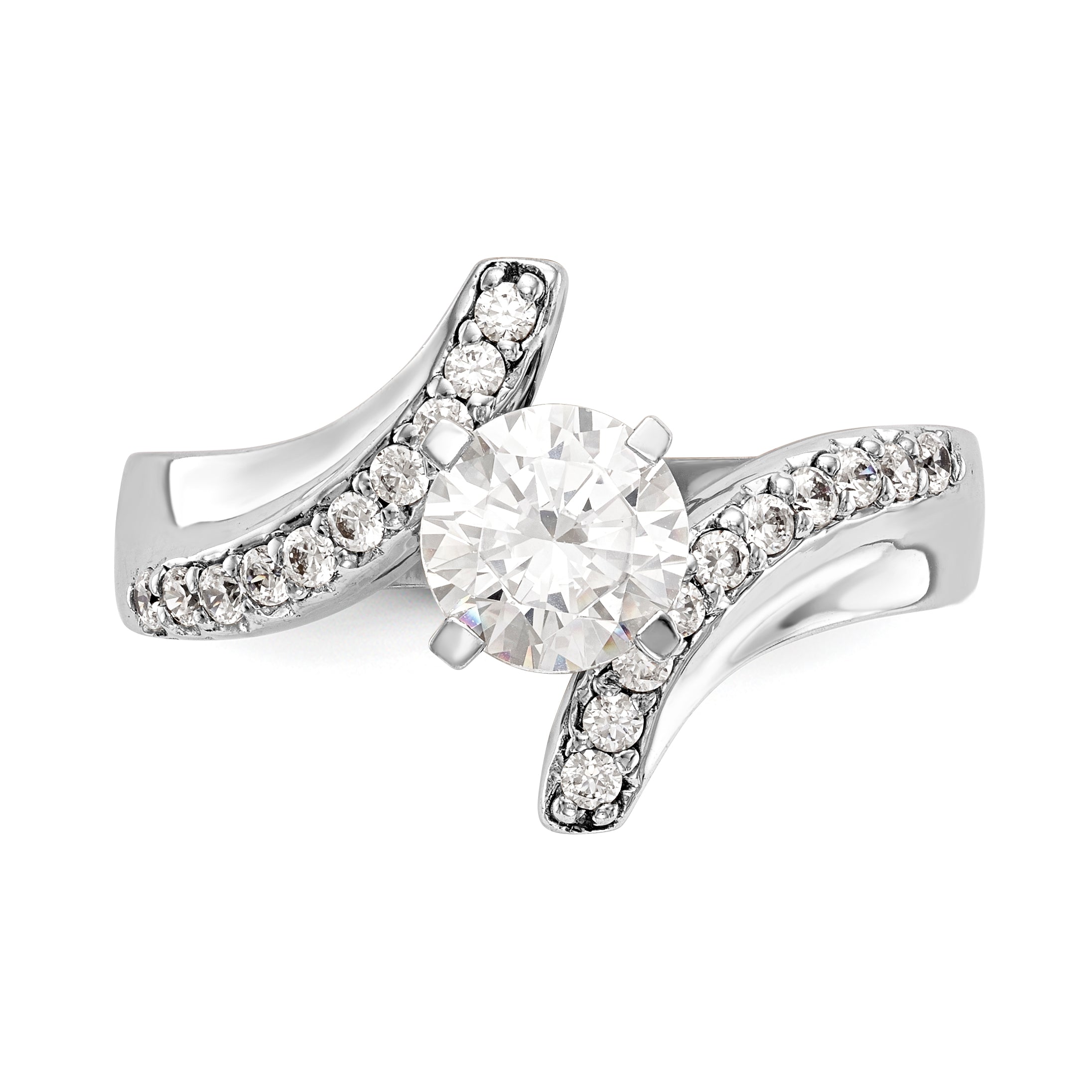 14k White Gold Peg Set Simulated Diamond By Pass Engagement Ring