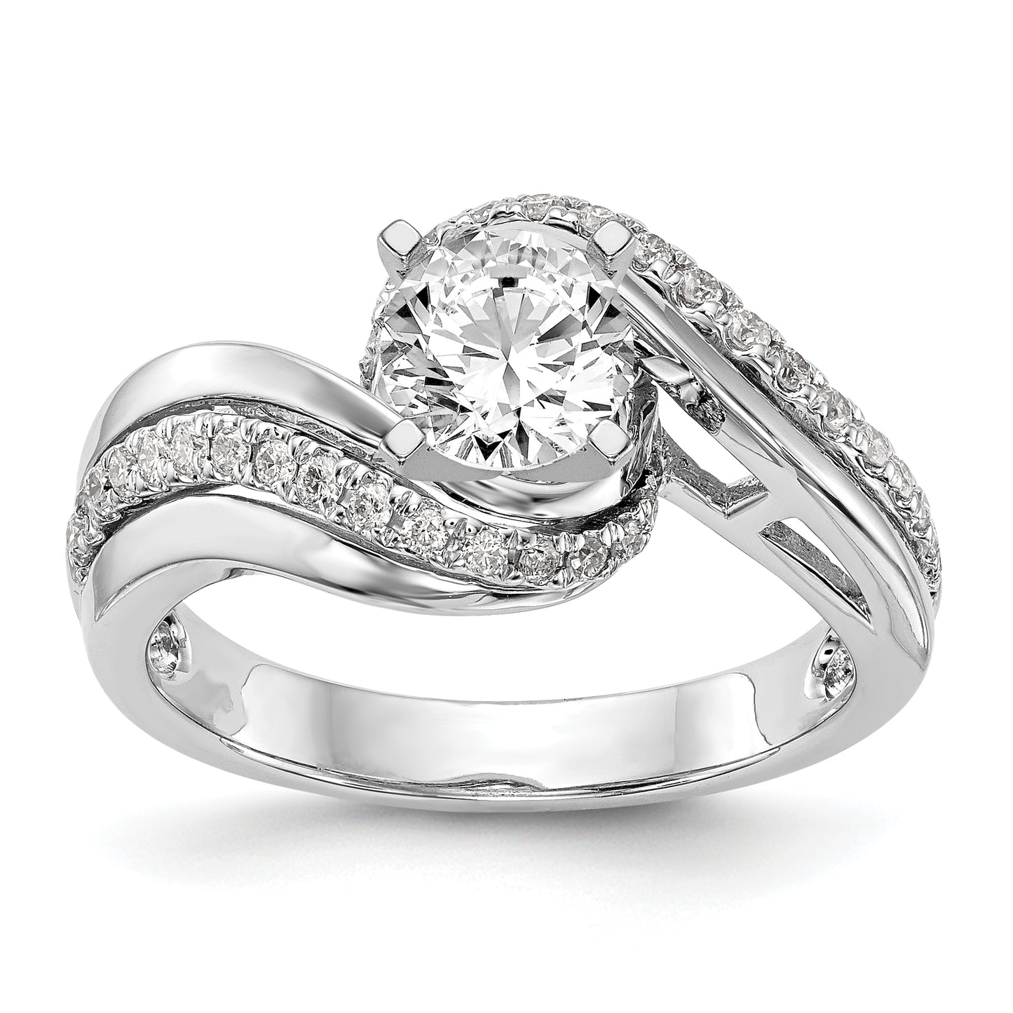 14k White Gold Peg Set Simulated Diamond By Pass Engagement Ring