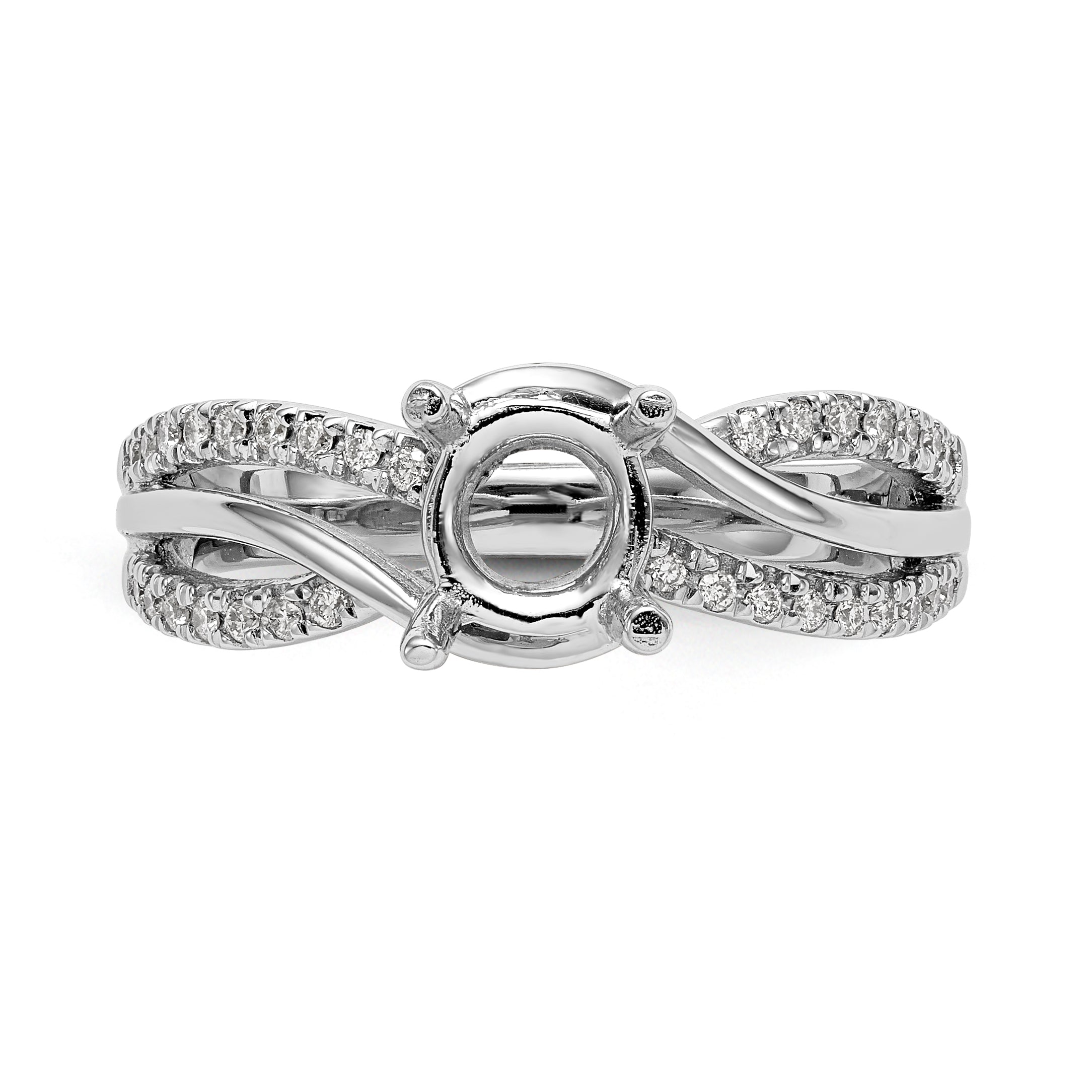 14k White Gold Diamond Round CZ Criss Cross Engagement Ring