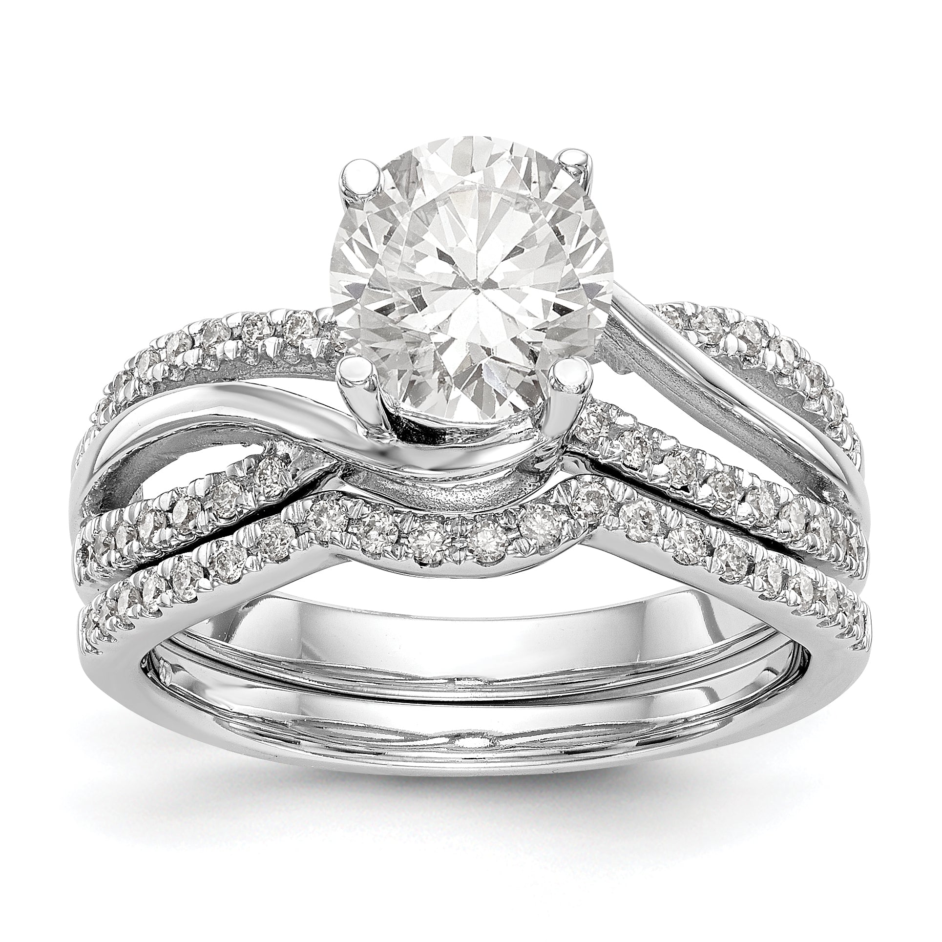 14k White Gold Diamond Round CZ Criss Cross Engagement Ring