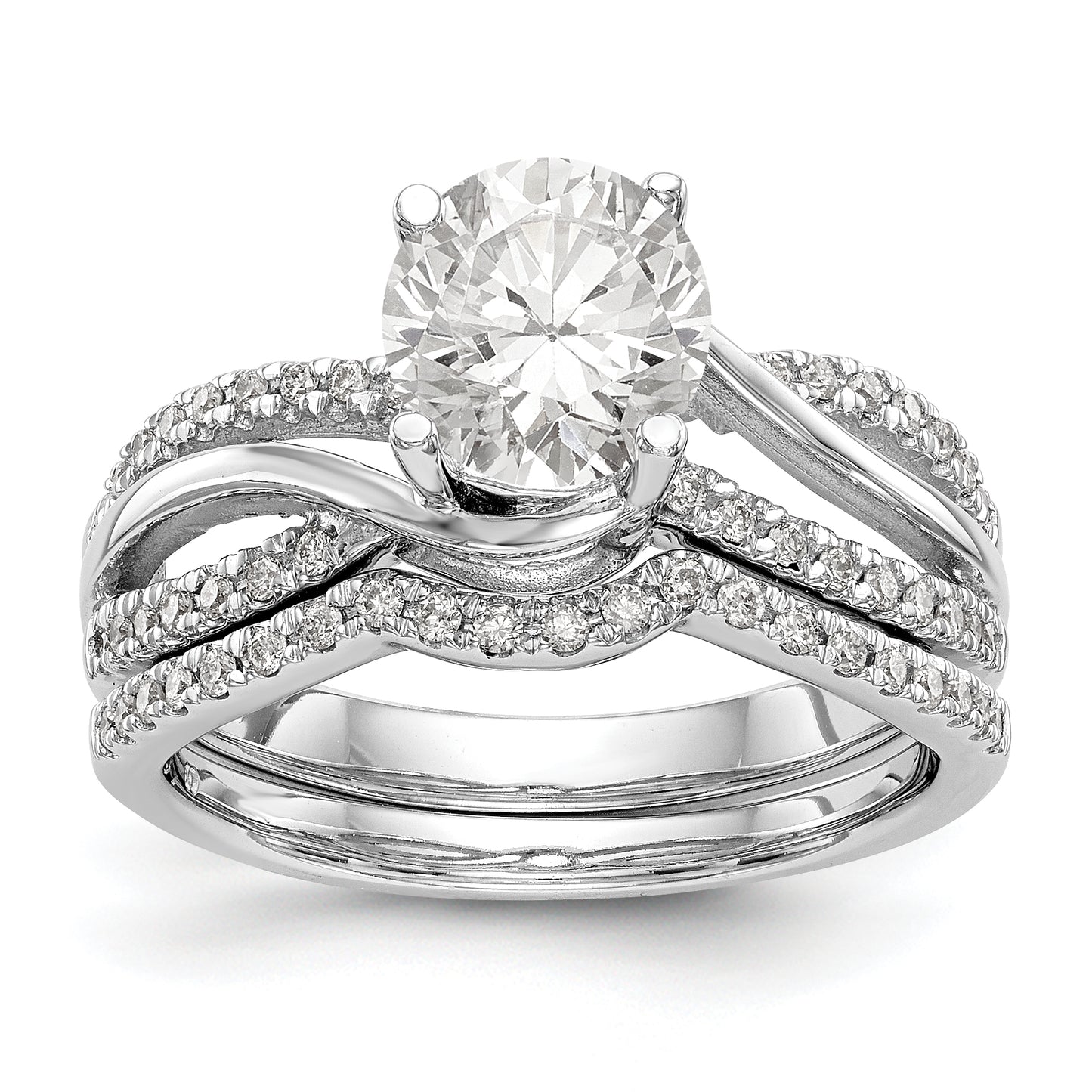 14k White Gold Diamond Round CZ Criss Cross Engagement Ring