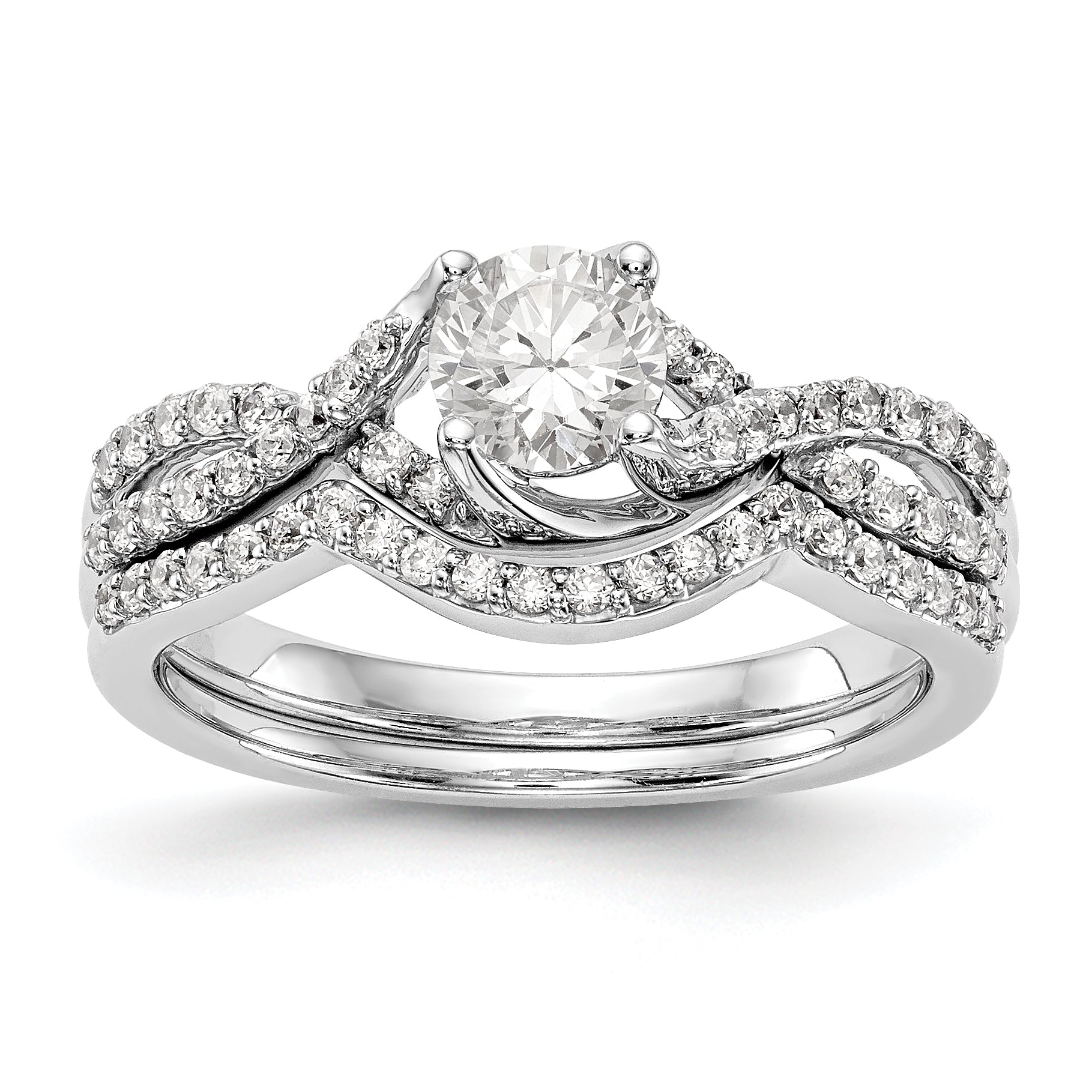 14k White Gold Diamond Round CZ Criss Cross Engagement Ring