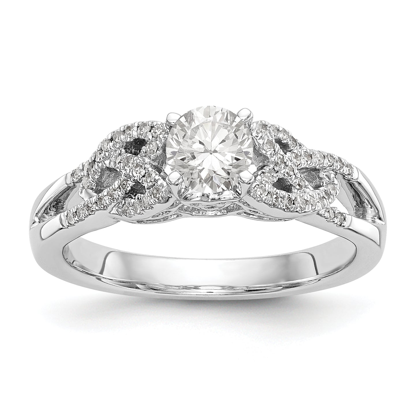 14k White Gold Diamond Round CZ Criss Cross Engagement Ring