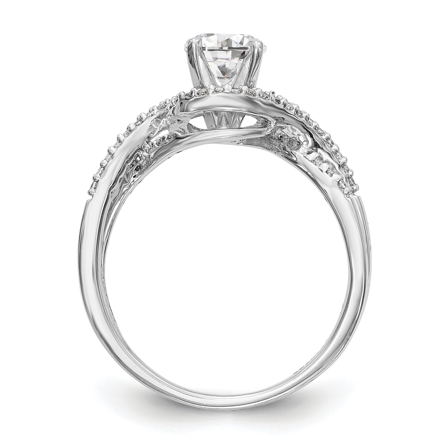 14k White Gold Peg Set Simulated Diamond Criss Cross Engagement Ring