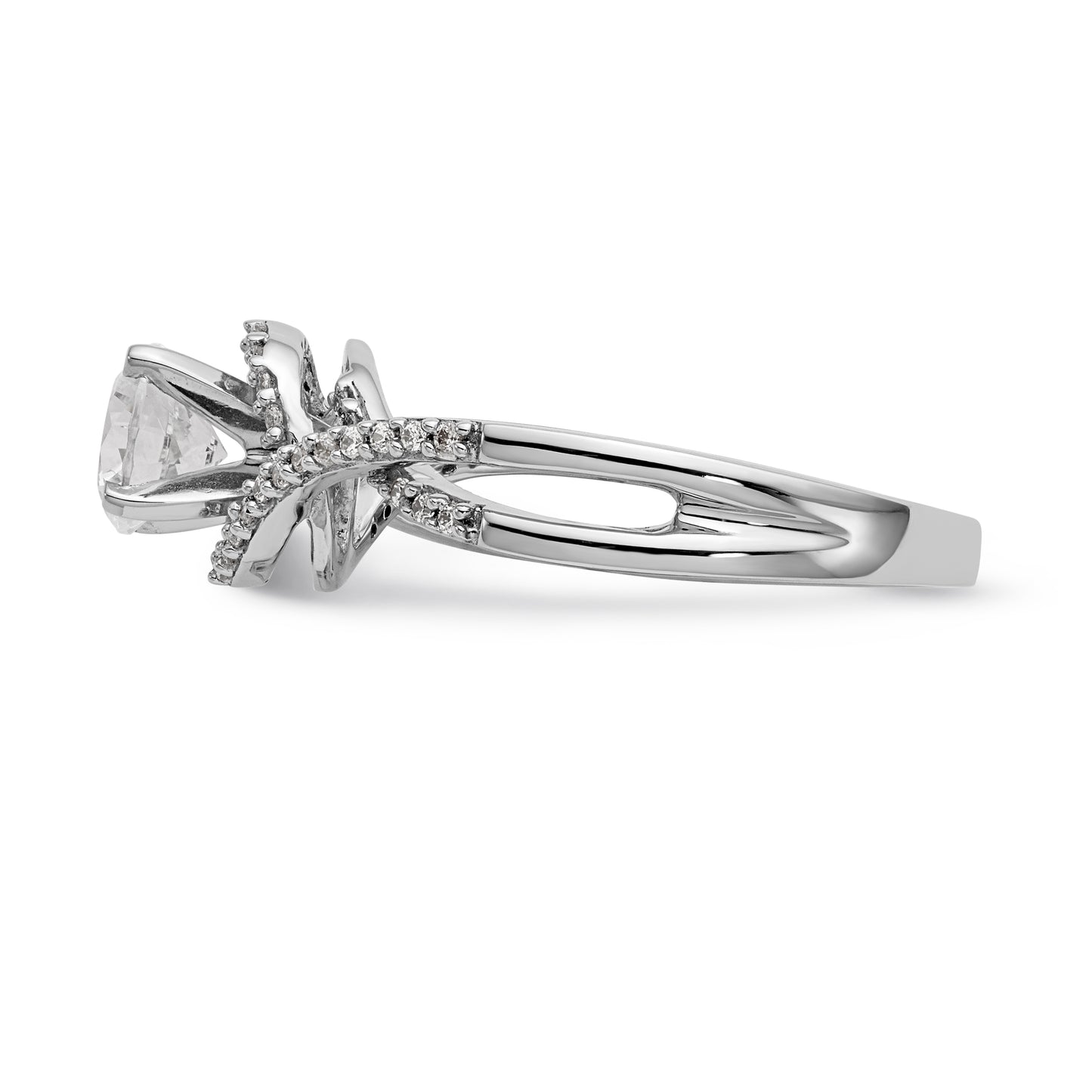 14k White Gold Peg Set Simulated Diamond Criss Cross Engagement Ring