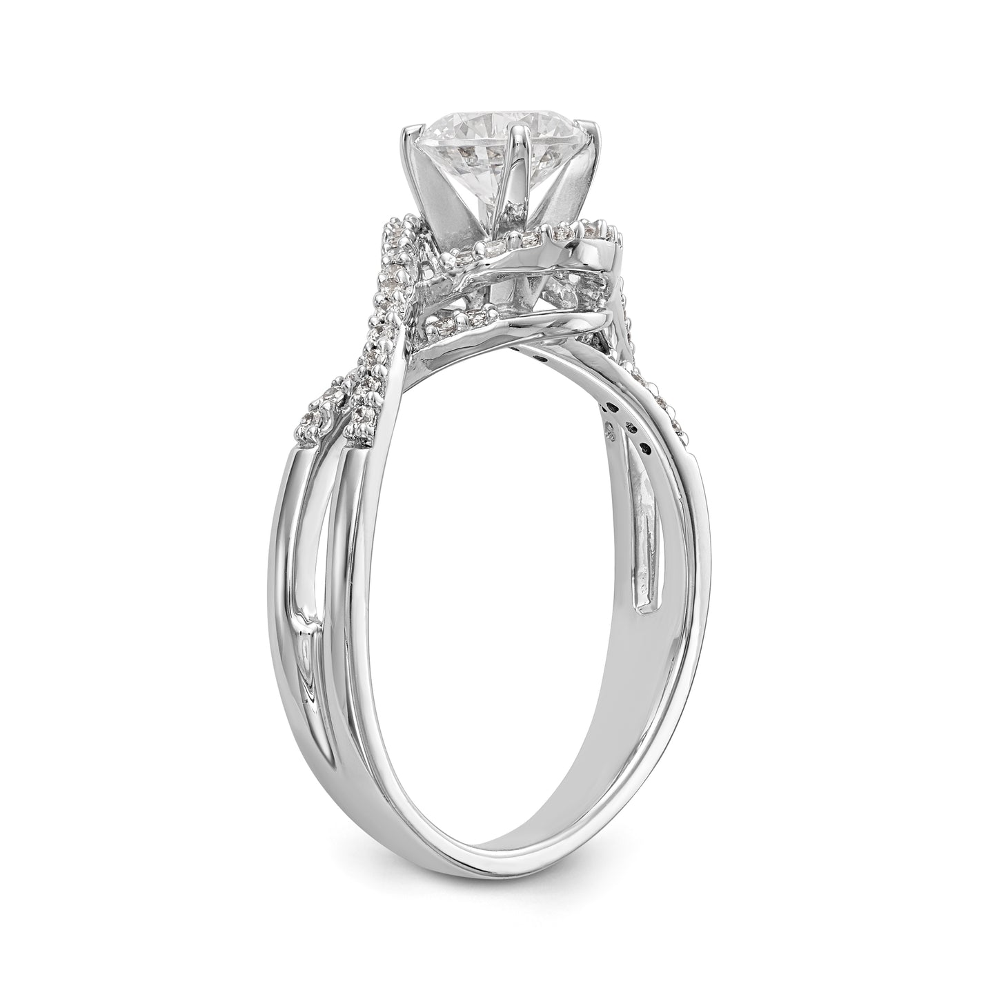 14k White Gold Peg Set Simulated Diamond Criss Cross Engagement Ring