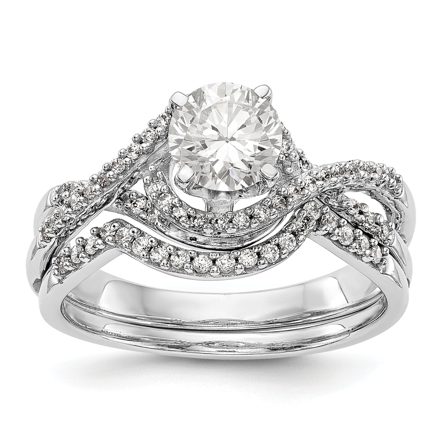 14k White Gold Peg Set Simulated Diamond Criss Cross Engagement Ring